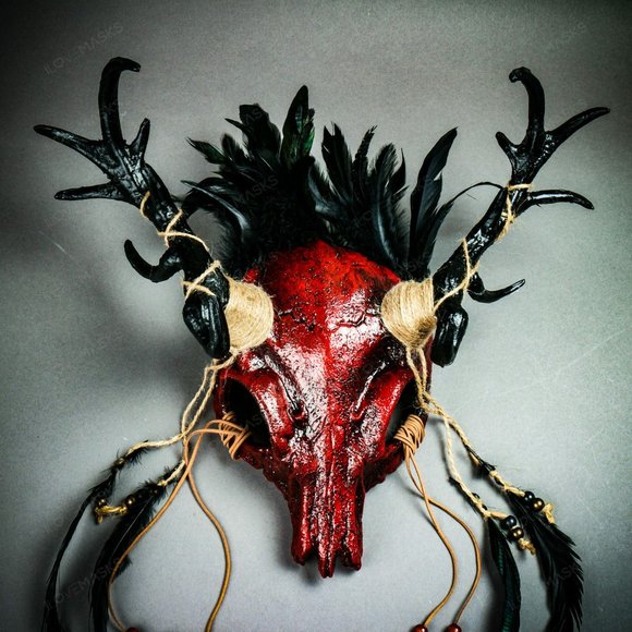 Bloody Red Antelope Devil Deer Horn Skull Mask - Picture 4 of 10